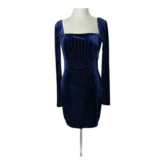NWT Windsor Women's Blue Velvet Rhinestone Bodycon Mini Dress Size M - Picture 2 of 7